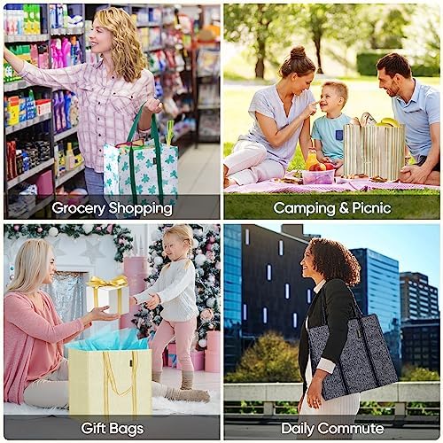 BALEINE 4 PK Grocery Bags Reusable Shopping Bags with Reinforced Bottom, Heavy Duty Foldable Tote Bags (Grey)