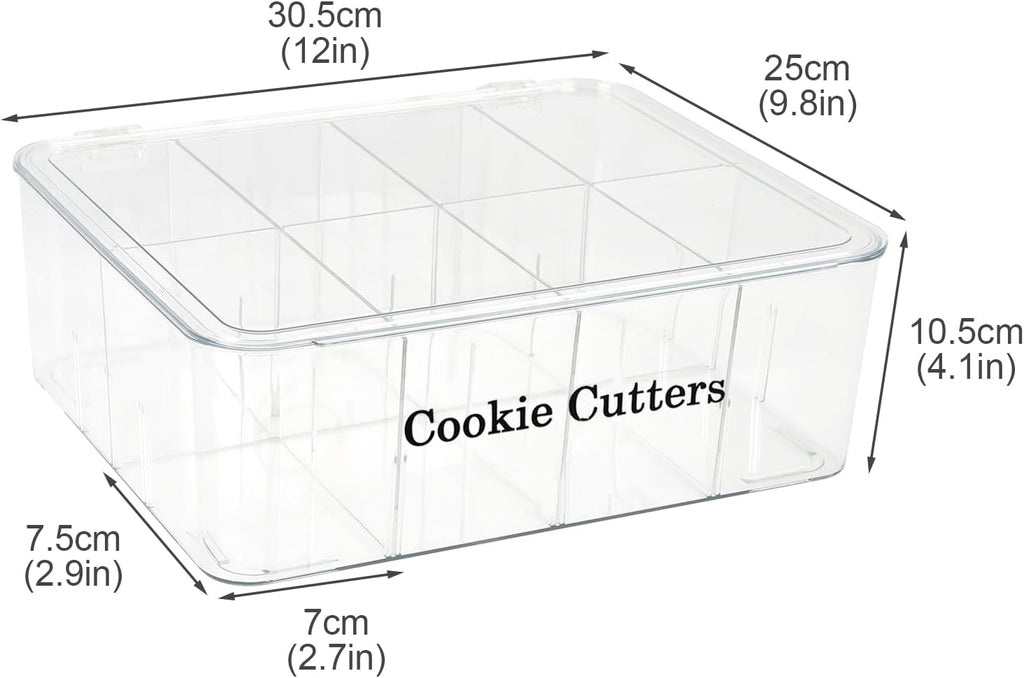Cookie Cutters Organizer for Baking, Biscuit Cutters Storage Box with 8 Adjustable Compartments, Transparent Dustproof Lid, Perfect Baking Molds Tool Accessories Display Box