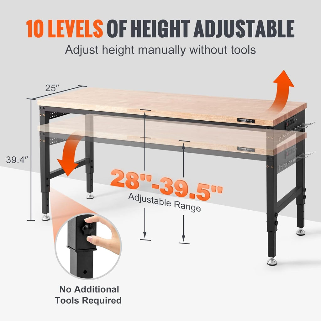 VEVOR Workbench for Garage 72" Adjustable Workbench, Heavy-Duty Hardwood Worktable with Universal Wheels, 3000 LBS Load Capacity, with Power Outlets, for Workshop, Garage, Office and Home