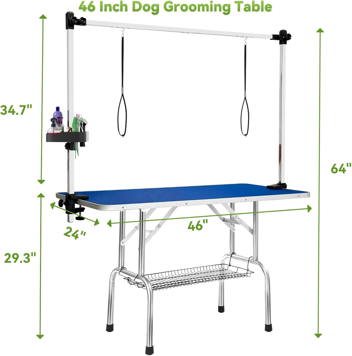 46" Large Dog Grooming Table, Non-Slip Tabletop with Adjustable Armrests, Lasso, Tool Organizer, Grid Tray, Foldable Home Pet Station, Maximum Weight Capacity 330 lbs,Blue
