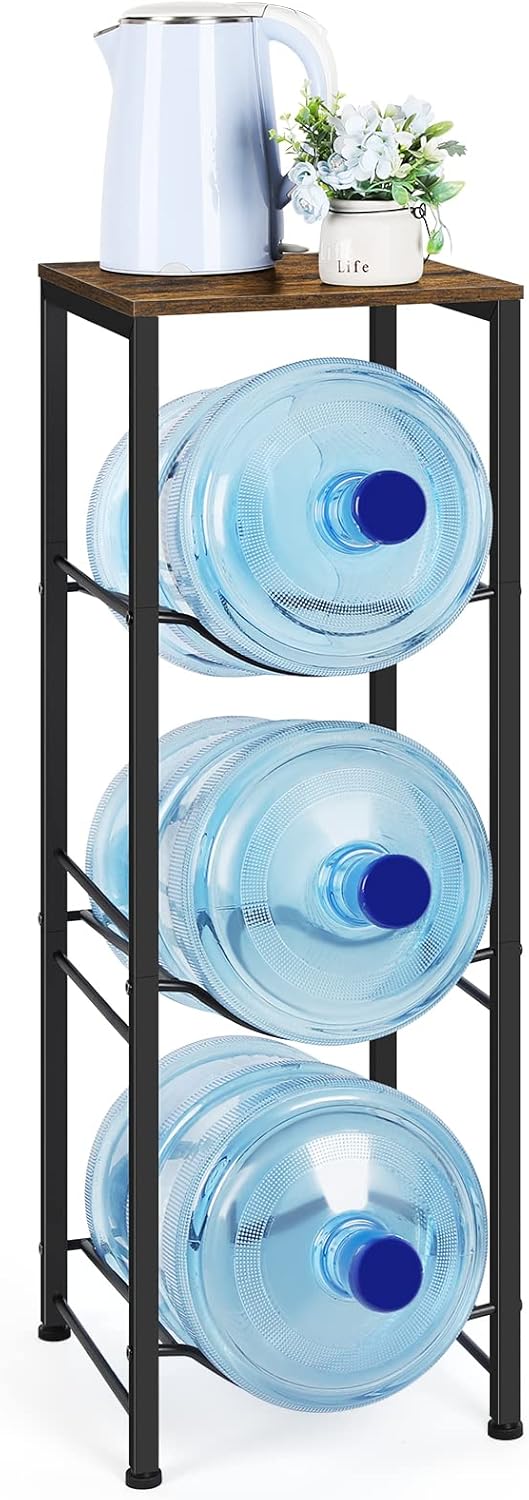 5 Gallon Water Jug Holder 3-Tiers Water Dispenser Stand Rack, Water Bottle Organizer with Storage Shelves for Kitchen Living Room Office, Rustic Brown