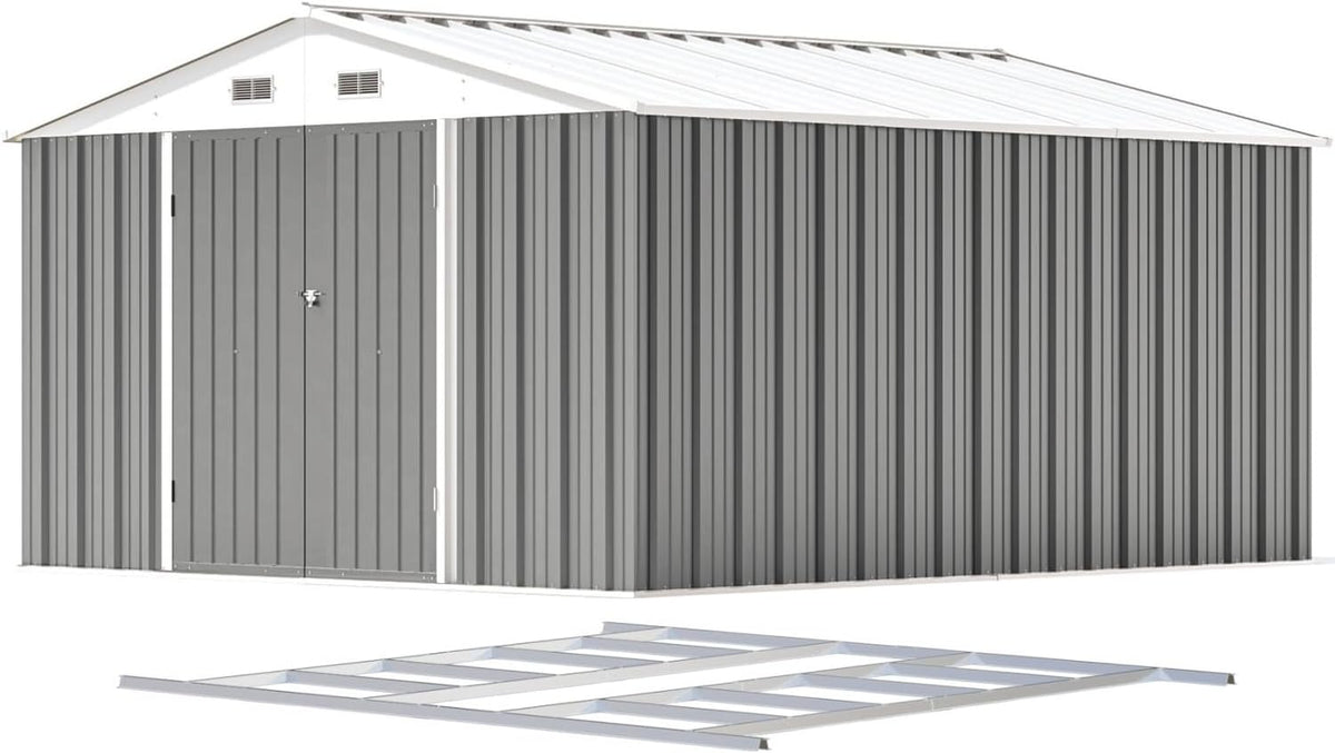 Patiowell 10 x 12 FT Metal Storage Shed for Outdoor with Floor Frame, Steel Yard Shed with Design of Lockable Doors, Utility and Tool Storage for Garden, Backyard, Patio, Outside use, Grey