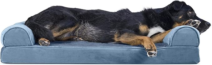 Furhaven Cooling Gel Dog Bed for Large/Medium Dogs w/ Removable Bolsters & Washable Cover, For Dogs Up to 55 lbs - Faux Fur & Velvet Sofa - Harbor Blue, Large