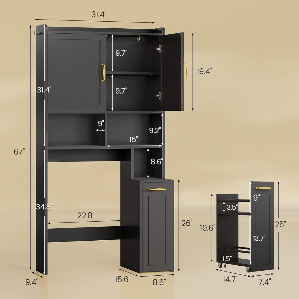Over The Toilet Storage Cabinet with Pulley Small Bathroom Storage Cabinet, Space Saver W/Adjustable Shelf & Open Shelf for Bathroom, Restroom, Laundry (Black)
