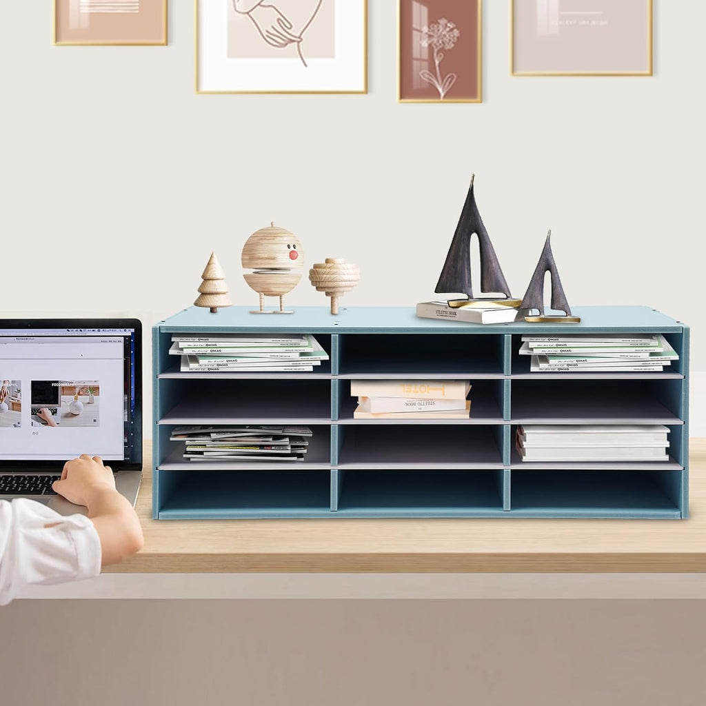 Mail Sorter Organizer, 12 Compartments Mailbox for Classroom, Desktop File Organizer with Adjustable Shelves, for Office Home Classroom, PVC, Blue