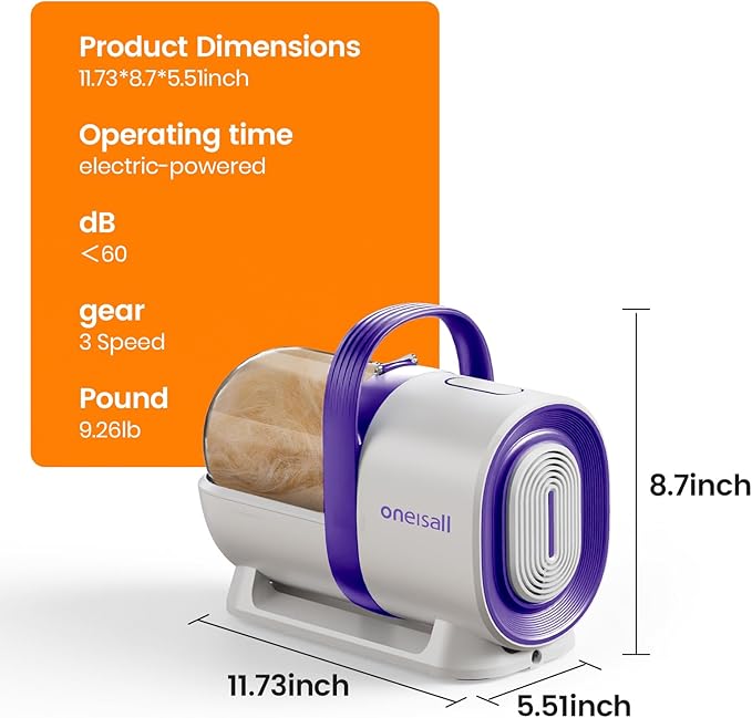 oneisall Dog Grooming Vacuum, Pet Grooming Vacuum with Clipper Nail Grinder, 1.5L Dust Cup Dog deshedding Vacuum Brush with 7 Pet Grooming Tools for Shedding Pet Hair, Home Cleaning(Purple)