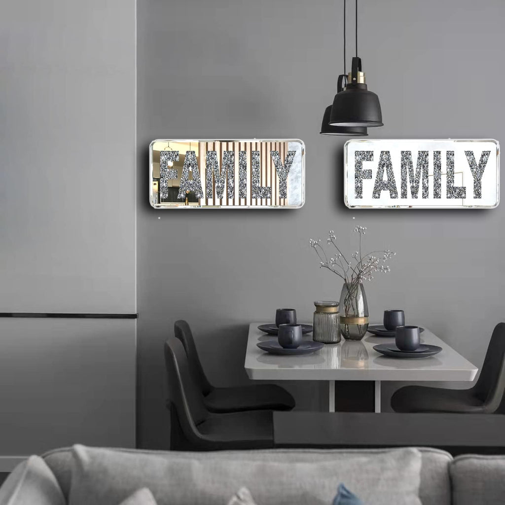 ZOLAPI 2 pcs Letters FAMILY. Crystal Diamond Letters. Silver Mirror Glass Home Decoration for Wall, Fireplace, Bookshelf and Table.