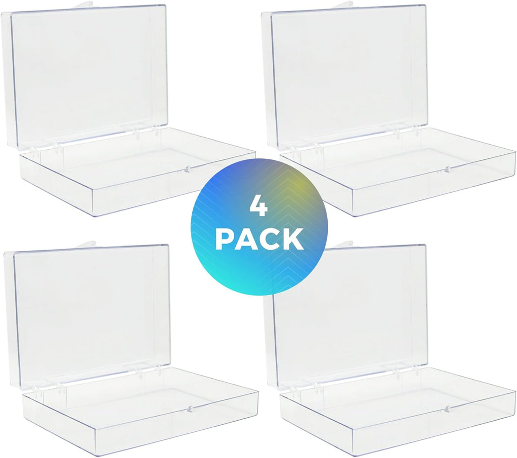 4-Pack Clear Hinged Plastic Containers, Keepsake Storage Boxes, 7"L x 5"W x 1.75"H, Made in USA, Plastic Display Case, Bead Storage or Craft Organizers and Storage Container
