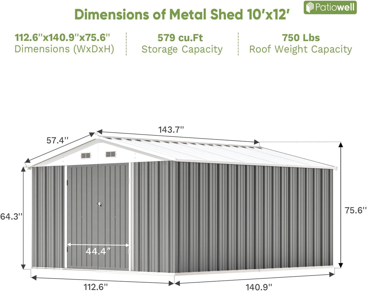 Patiowell 10 x 12 FT Metal Storage Shed for Outdoor, Steel Yard Shed with Design of Lockable Doors, Utility and Tool Storage for Garden, Backyard, Patio, Outside use, Gray