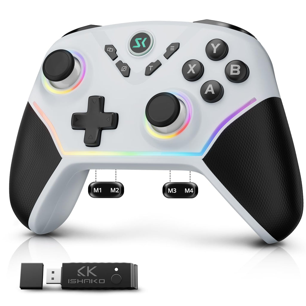 ISHAKO Wireless PC Controller – Gaming Controller with Hall Effect Joysticks, 3-Stage Hall Triggers, 1200mAh Battery, 1000Hz Polling, 4 Back Buttons, RGB Lighting, 1200mAh Battery – Works with Windows, Mac, Steam, Luna, Tesla, iOS, Android, Switch- White