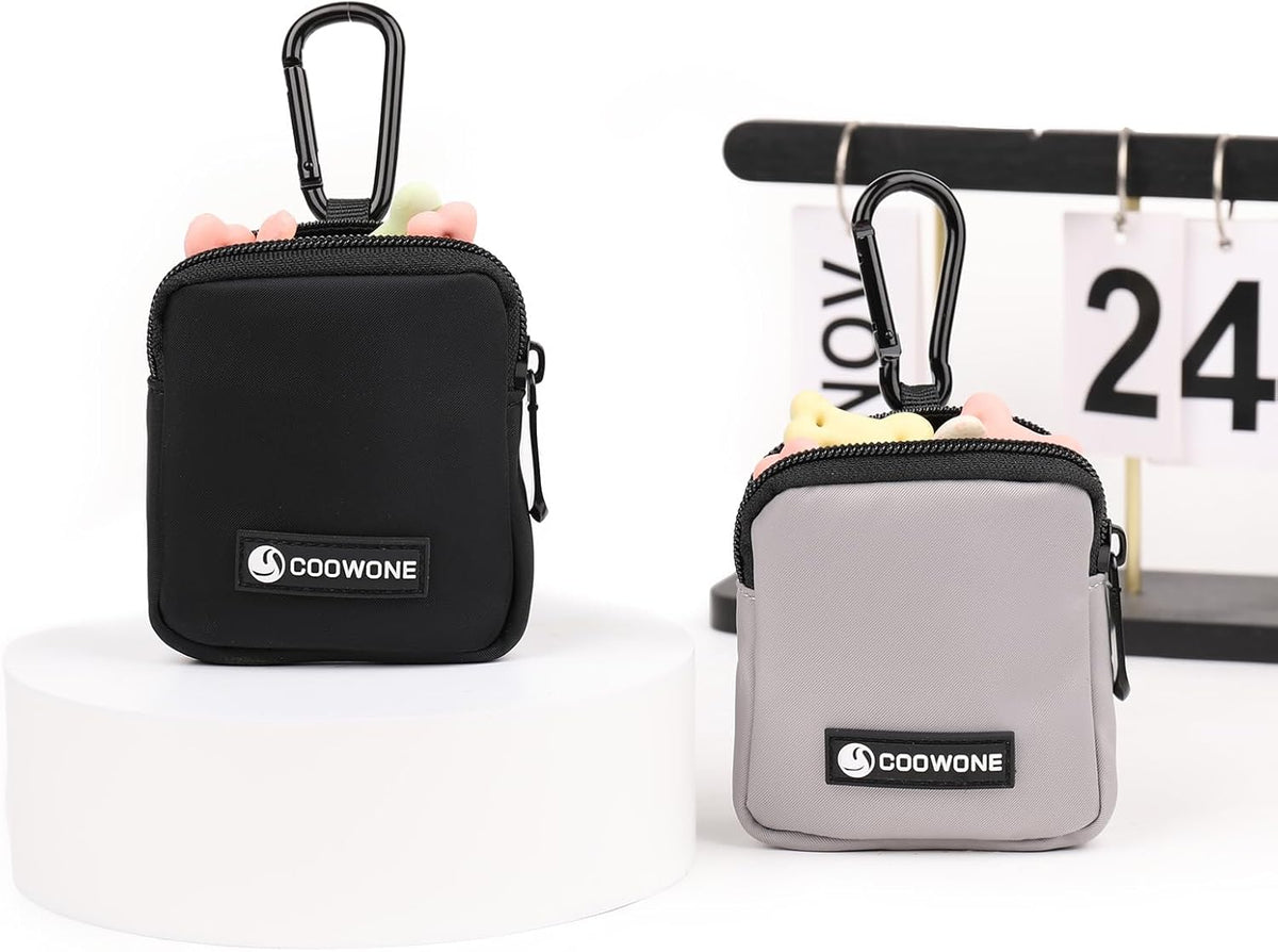 2 PCS Waterproof Small Dog Treat Bag for Leash, Hands Free Dog Walking Bag with Carabiner, Dog Poop Bag Holder for Pet Puppy Travel or Outdoor Use, Zipper Closure to Avoid Spilling