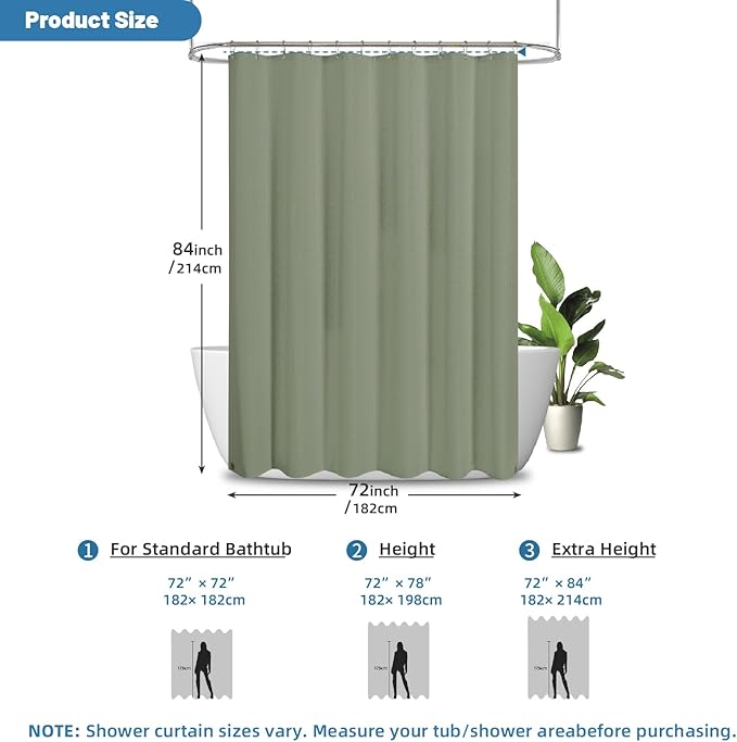 THAIGEE 2-in-1 Waterproof Fabric Shower Curtain - No Separate Liner Needed, Hotel-Style Waffle Weave, Effortless Cleaning & Washable Bathroom Shower Curtain Set,72Wx84H,SageGreen
