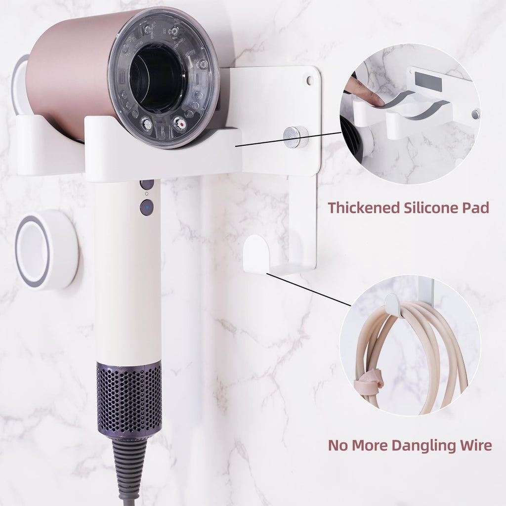 Dyson Hair Dryer Holder, Wall Mounted Aluminum Alloy Hair Dryer Wall Mount for Supersonic/Nural, Dyson Blow Dryer Holder with 3 Magnetic Rings for Salon & Bathroom White UEMUSI