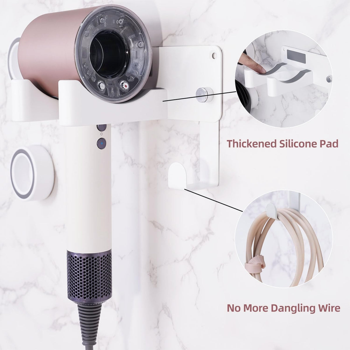 Dyson Hair Dryer Holder, Wall Mounted Aluminum Alloy Hair Dryer Wall Mount for Supersonic/Nural, Dyson Blow Dryer Holder with 3 Magnetic Rings for Salon & Bathroom White UEMUSI
