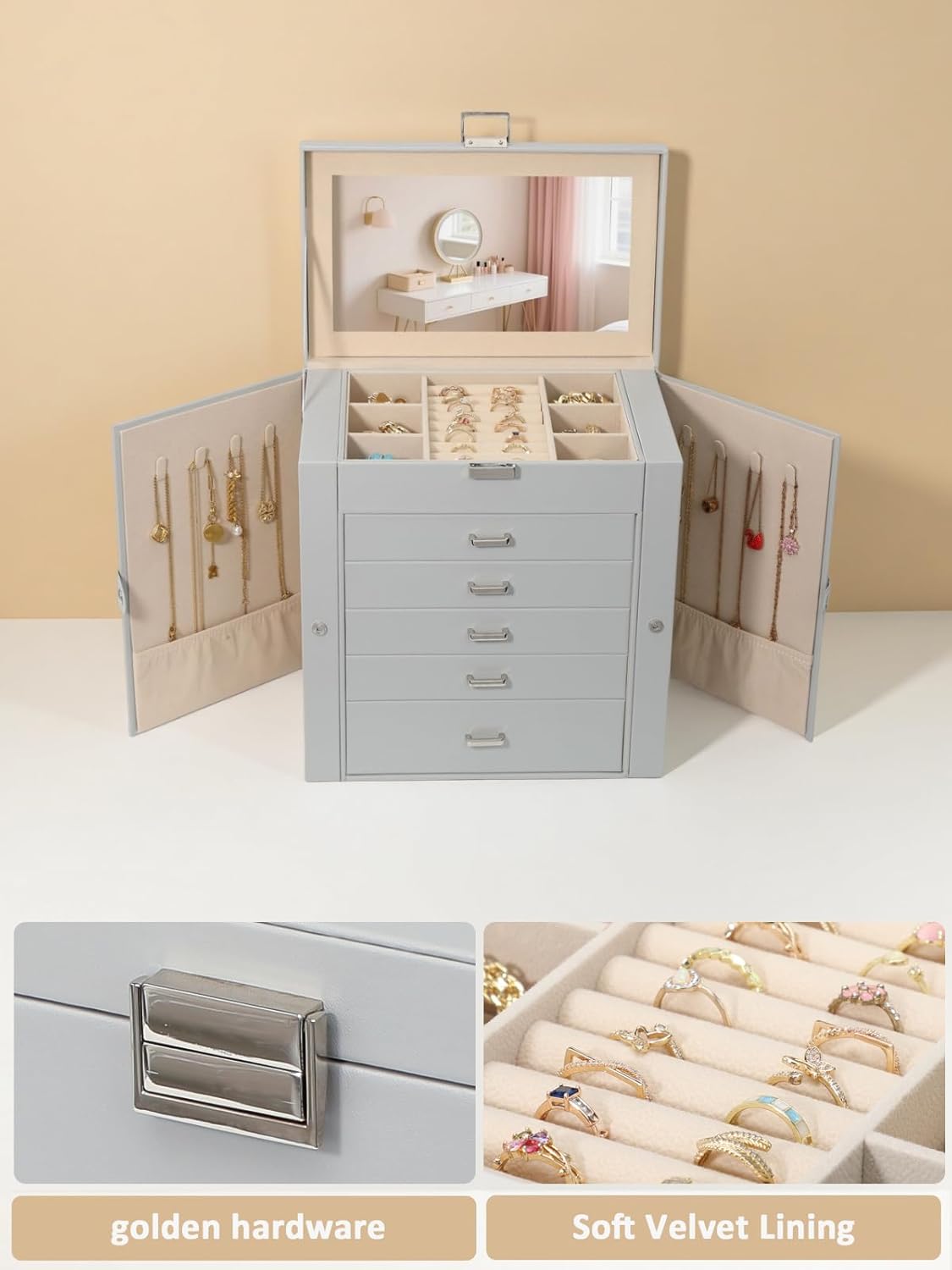 BOOVO Jewelry Box For women, 6 Layer Large Jewelry Organizer With Mirror, Multi-Function Storage Box With Lock, Necklace Holder With 5 Drawers, For Earrings Necklace Bracelet (Silver and Grey)
