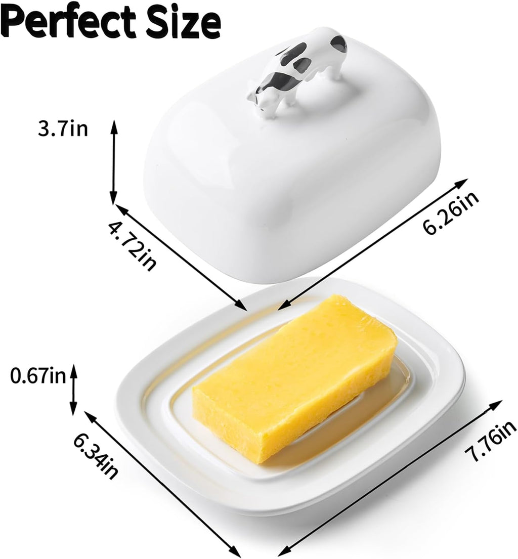 Butter Dish with Lid for Countertop, 7.8" x 6.3" Large Ceramic Butter Keeper Container with Cow Handle, White Butter Holder Tray for East West Coast Butter Stick, Microwave & Dishwasher Safe