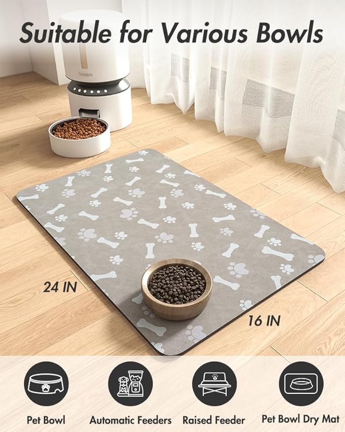 MontVoo Dog Food Mat-Pet Feeding Mat for Food and Water-No Stains Quick Dry Dispenser Cat Bowl Mat for Messy Drinkers(16"X24" Grey)