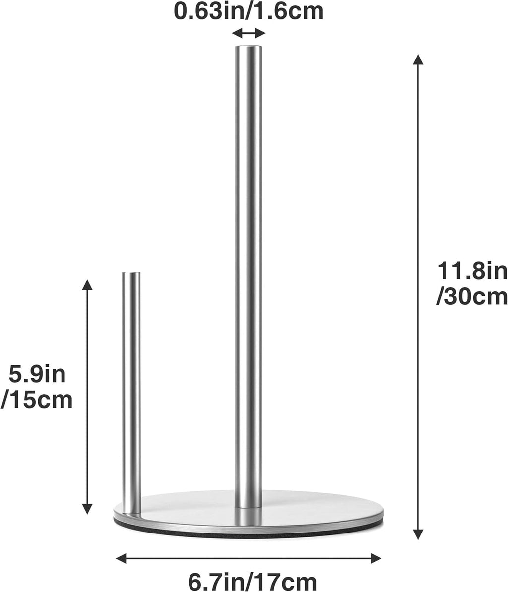 Paper Towel Holder Silver, Premium Stainless Steel Kitchen Roll Dispenser, Countertop Roll Organizer with Weighted Base
