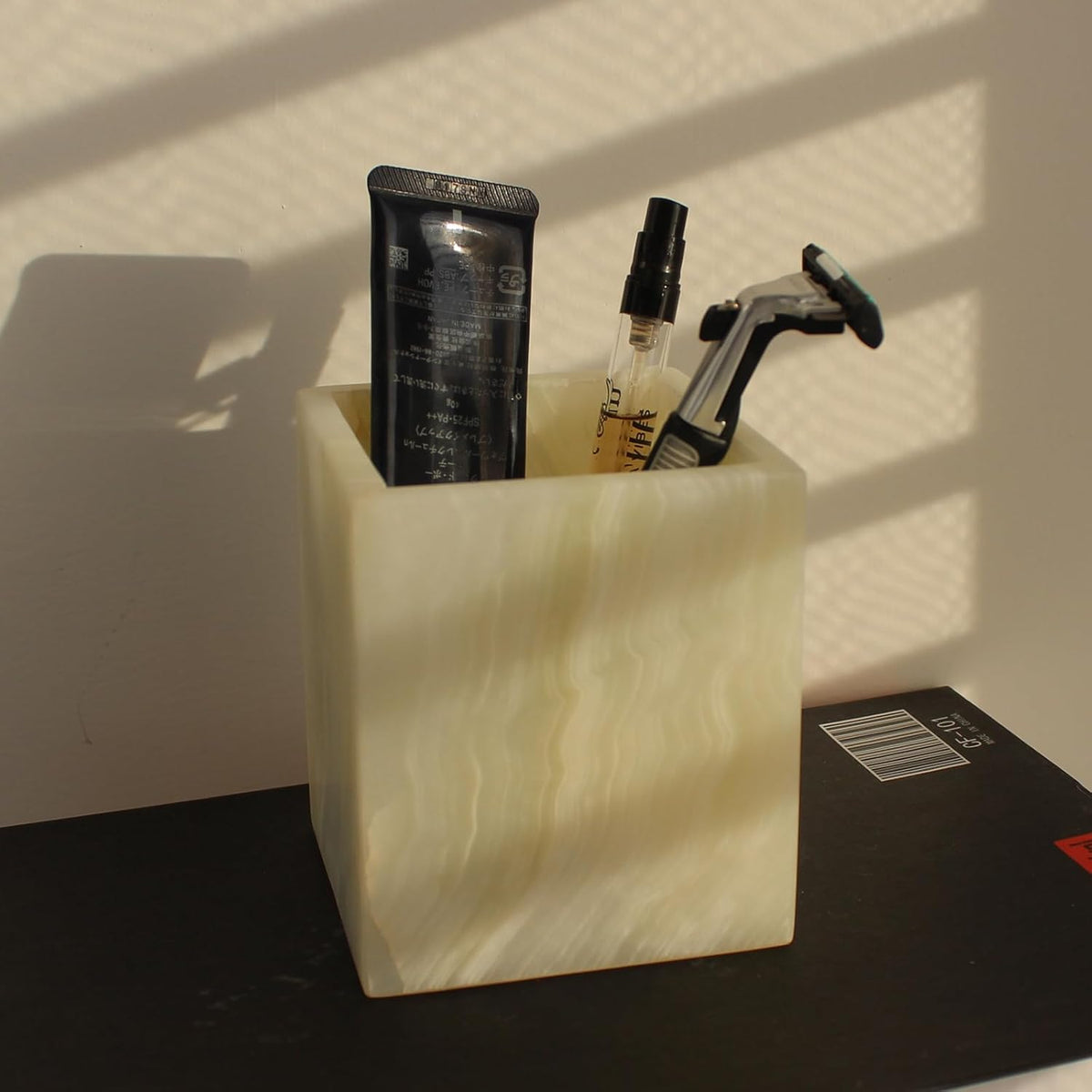 Natural Light Green Onyx Toothbrush Holders for Bathroom, Marble Makeup Brush Holder Countertop Organizer