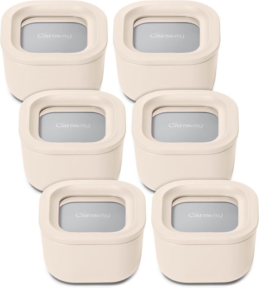 Caraway 6pc Food Storage Container Set - 1.75 Cup Glass Storage Container for Food (6) - Non-Toxic Ceramic-Coated Glass - Air Release Technology - Compact & Stackable Design - Cream
