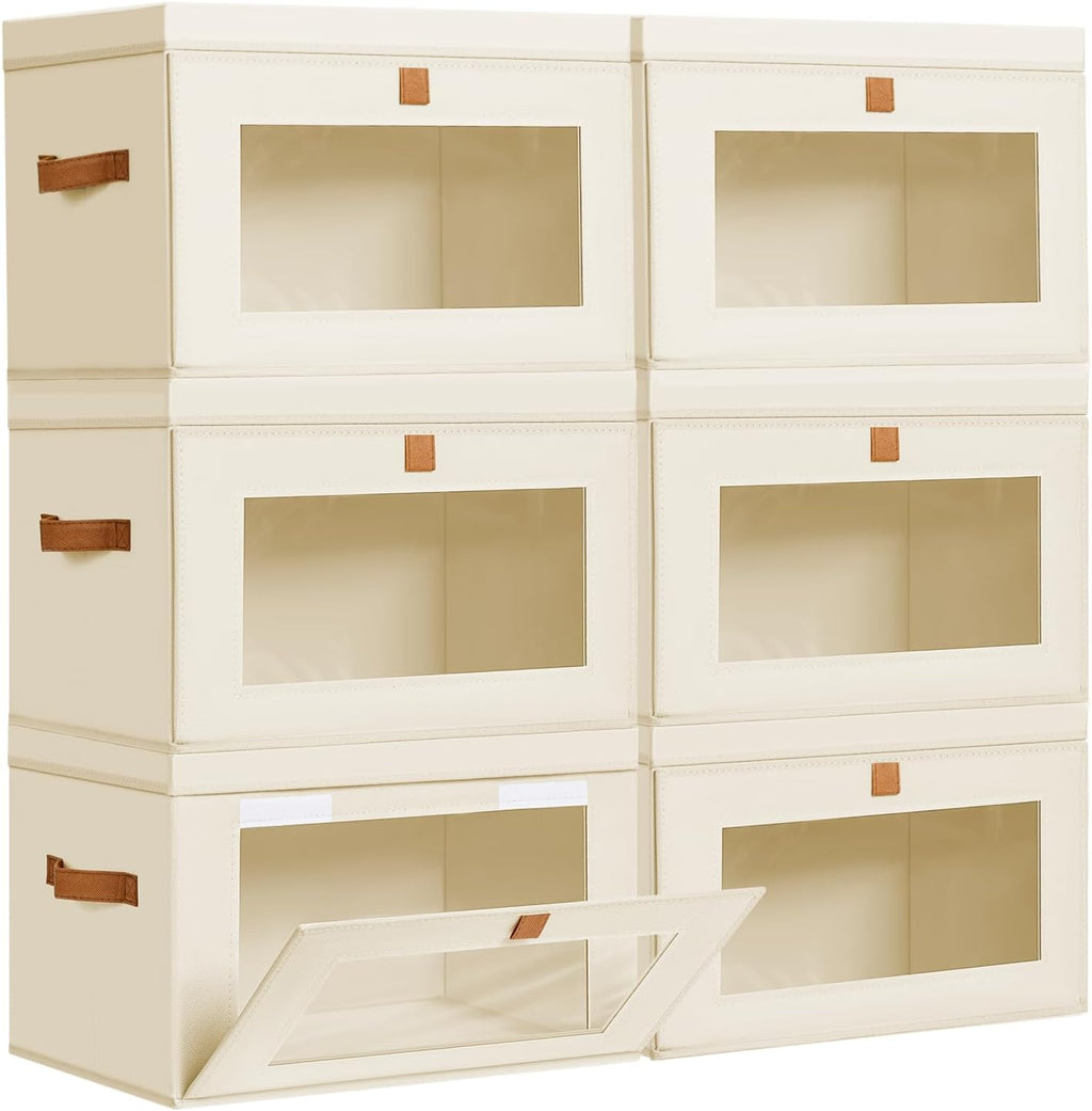 DIMJ Storage Bins with Lids - 6 Pack Large Fabric Closet Organizer with Window & Handles, Collapsible Decorative Storage Boxes for Shelves Under Bed, Books Clothes Blankets Sweaters Organization