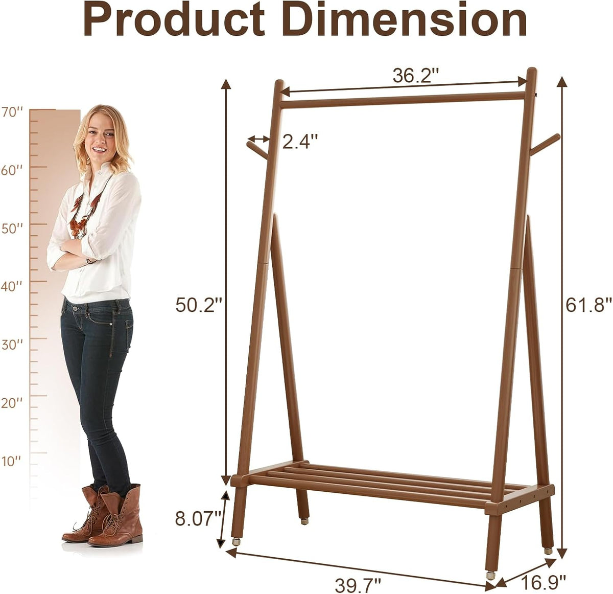 Solid Wood Clothing Rack, Rolling Clothes Rack for Hanging Clothes, Garment Rack with Shelves Load 350 Lbs, Portable Closet Organizer on Wheels for Hanging Clothes (Walnut)
