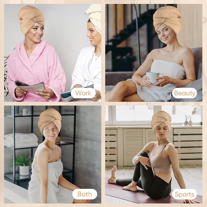 HOMEXCEL 5 Pack Microfiber Hair Towels - 40 x 20 inches Super Soft, Fast Drying Turbans for Long, Thick, Curly Hair - Anti Frizz Wrap with Elastic Strap, Brown/Grey