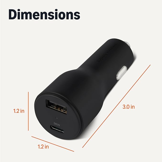 Amazon Basics Fast-Charging Car Charger, Dual-Port, 1 USBC+1 USB-A, 48W, Black