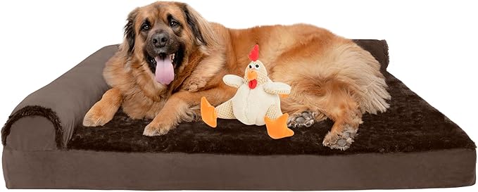 FurHaven Orthopedic Dog Bed & goDog Toy - Squeaky Plush Fat Rooseter with Chew Guard Technology for Large Dogs - Plush & Velvet L Shaped Chaise - Sable Brown, Jumbo Plus/XXL