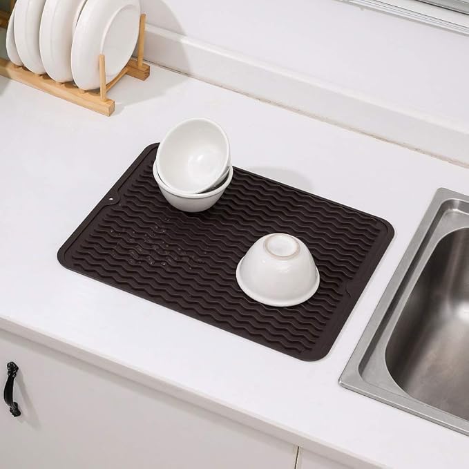 Silicone Dish Drying Mat for Multiple Usage,Easy clean,Eco-friendly,Heat-resistant Silicone Mat for Kitchen Counter or Sink,Refrigerator or drawer liner Coffee L 16 inches x 12 inches