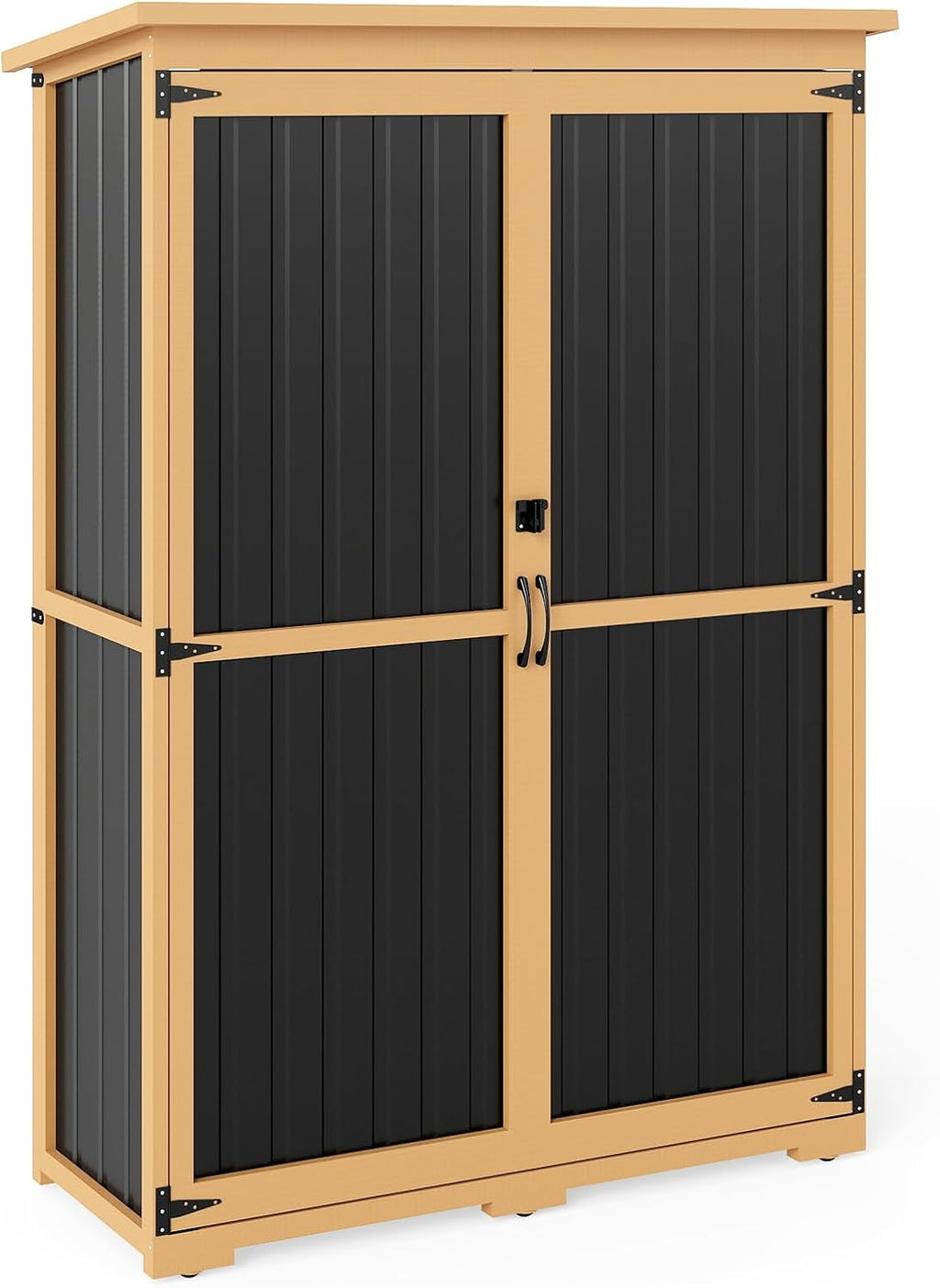 Outdoor Storage Shed with Adjustable Shelf, Wood & Metal Storage Cabinet Waterproof with Lockable Doors & Sloping Roof,Vertical Garden Shed for Patio Backyard, Tool Shed and Accessories, Brown