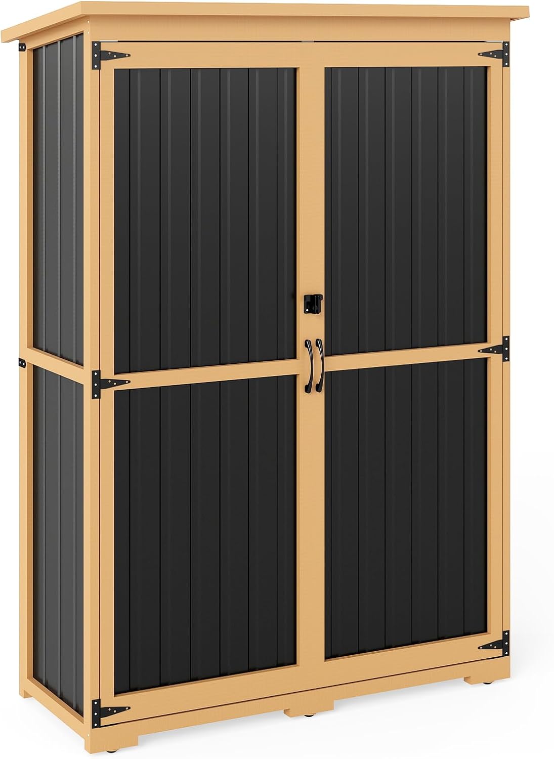 Outdoor Storage Shed with Adjustable Shelf, Wood & Metal Storage Cabinet Waterproof with Lockable Doors & Sloping Roof,Vertical Garden Shed for Patio Backyard, Tool Shed and Accessories, Brown