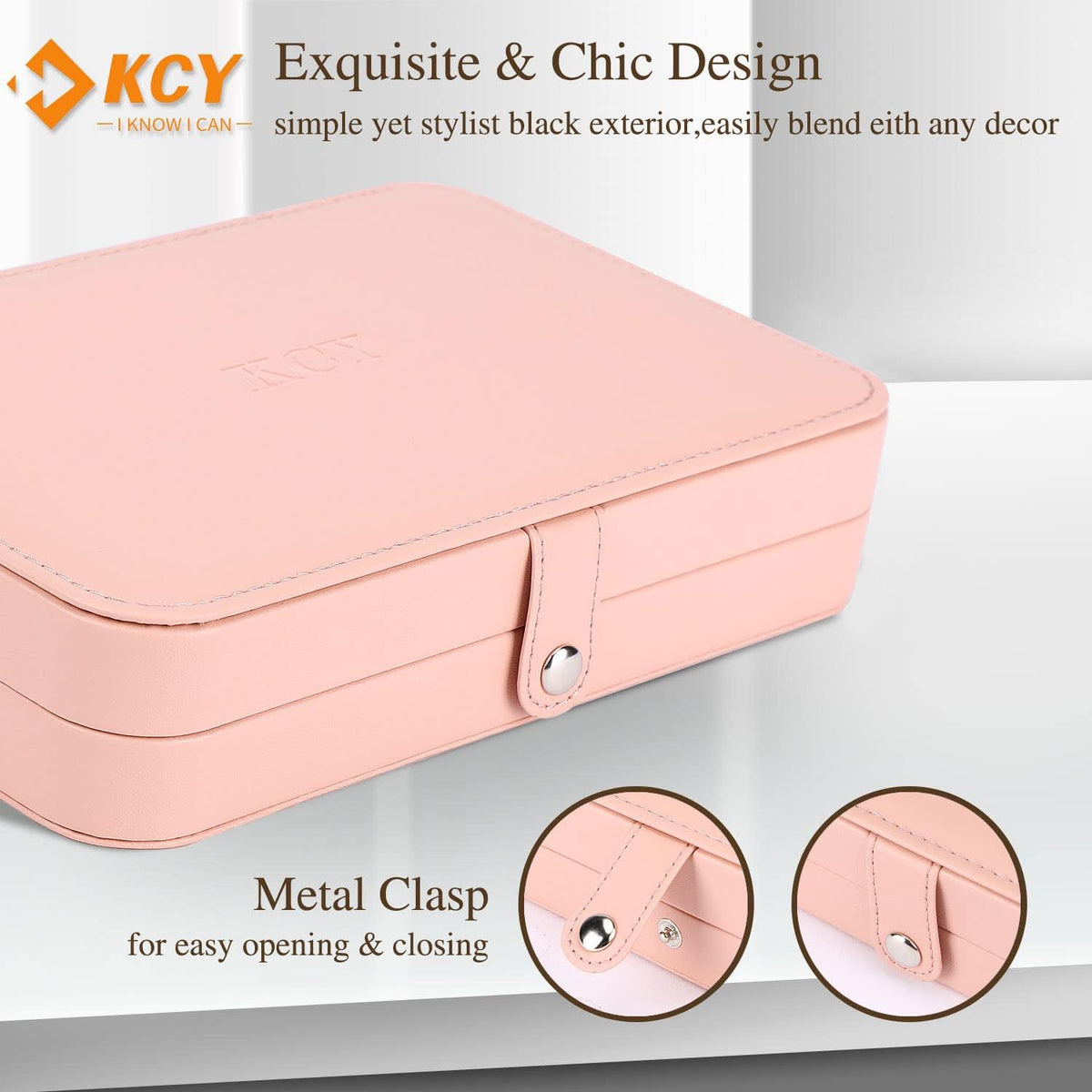 KCY Travel Jewelry Organizer Box for Women Girls, Small Travel Jewelry Case, PU Leather Portable Jewellery Storage Boxes Display Holder for Ring Earrings Necklace Bracelet Bangle, Gifts, Pink