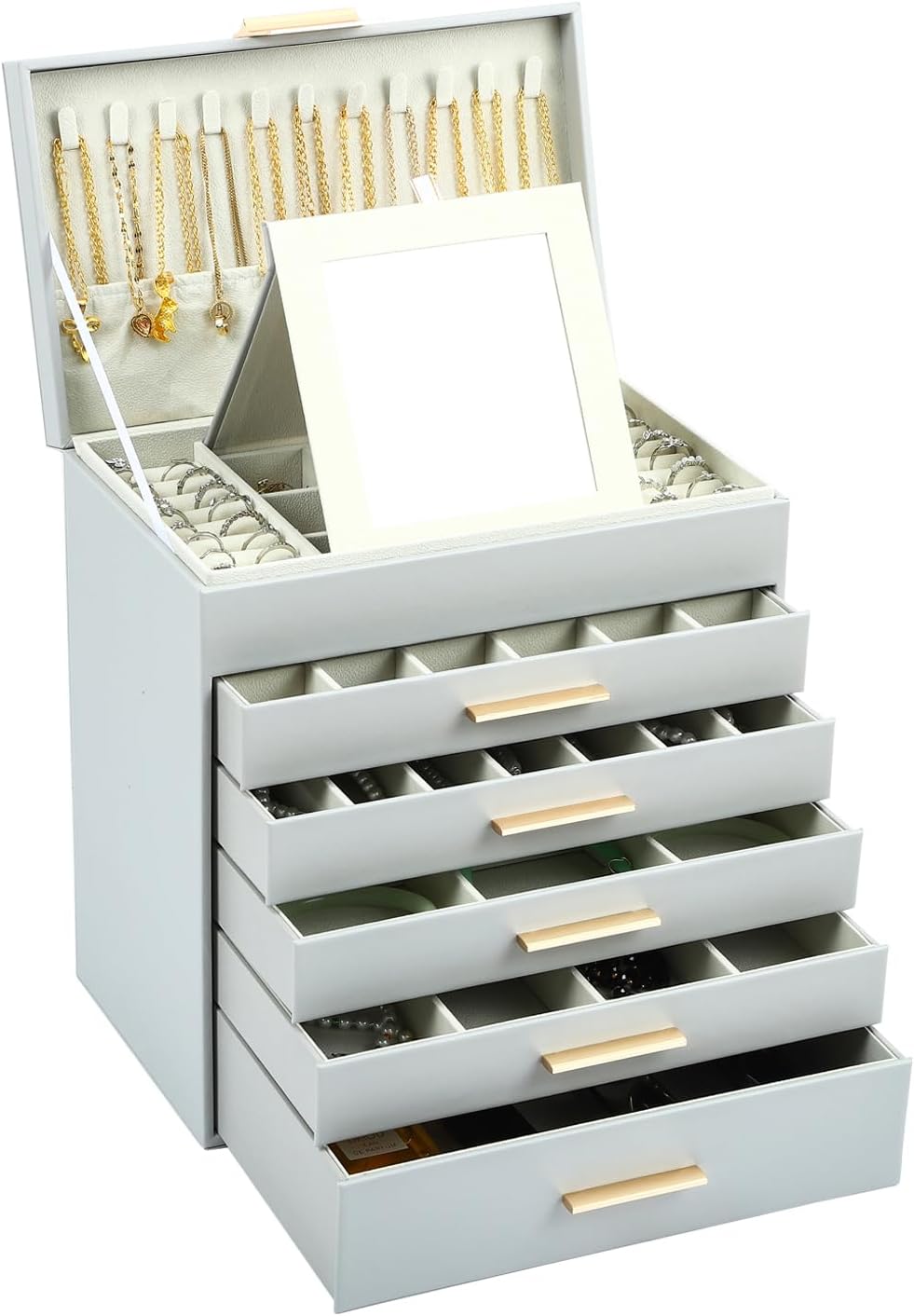 BOOVO Jewelry Box with Necklace Hanger – 6 layer Jewelry Organizer for Women with 5 Drawers, Large Jewelry Storage Boxes –Jewelry Organizers and Storage for Earrings, Necklaces (Grey, 6 layer)
