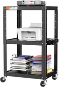 3 Shelf Metal Utility Cart - Durable Computer Cart on Wheels with Power Strip,Height Adjustable AV Presentation Cart Stand for Movie Projector,TV and Laptop Computers,Easy to Assemble, Black