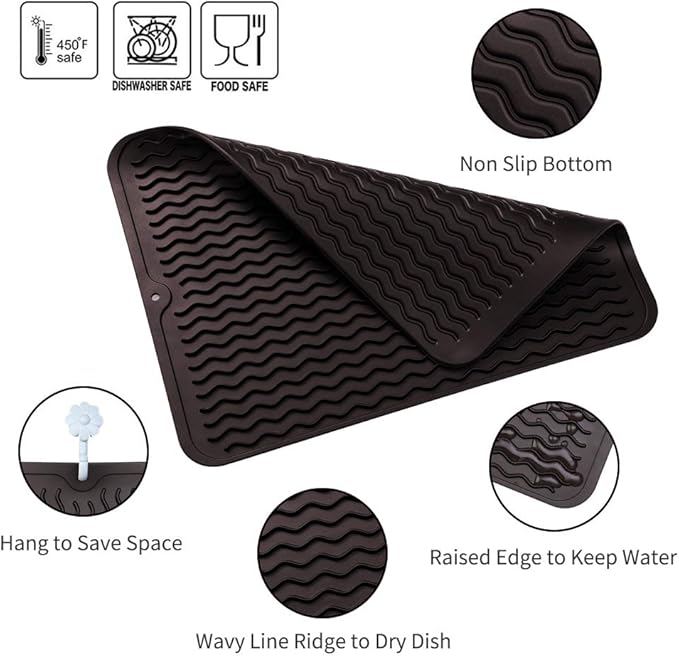 Silicone Dish Drying Mat for Multiple Usage,Easy clean,Eco-friendly,Heat-resistant Silicone Mat for Kitchen Counter or Sink,Refrigerator or drawer liner Coffee L 16 inches x 12 inches