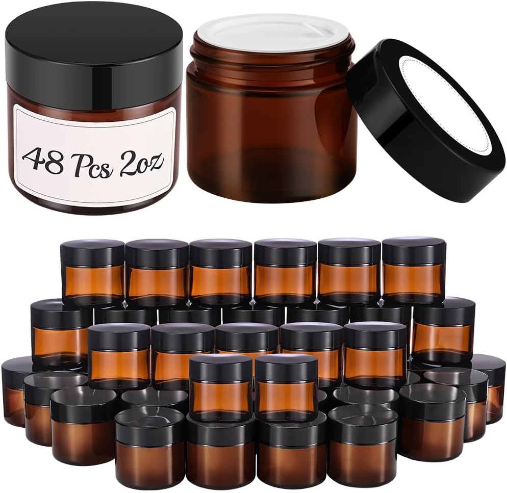 2 oz Small Glass Jars with Lids, Bumobum 48 pack Round Amber Glass Candle Jars with Black Lids, White Labels & Inner Liners, Empty Cosmetic Containers for Cream, Lotion, Slime