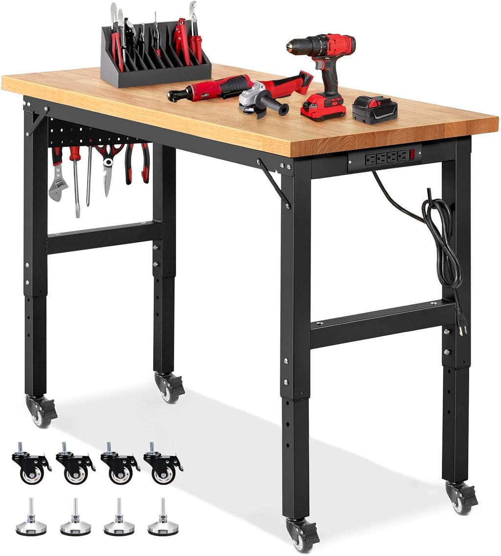 Work Bench with Wheels 48 x 20 Inch Heavy Duty Rubberwood Tabletop Garage Workbench Adjustable Height Work Table with Pegboard, Power Outlets for Woodworking Shop, Home, Office