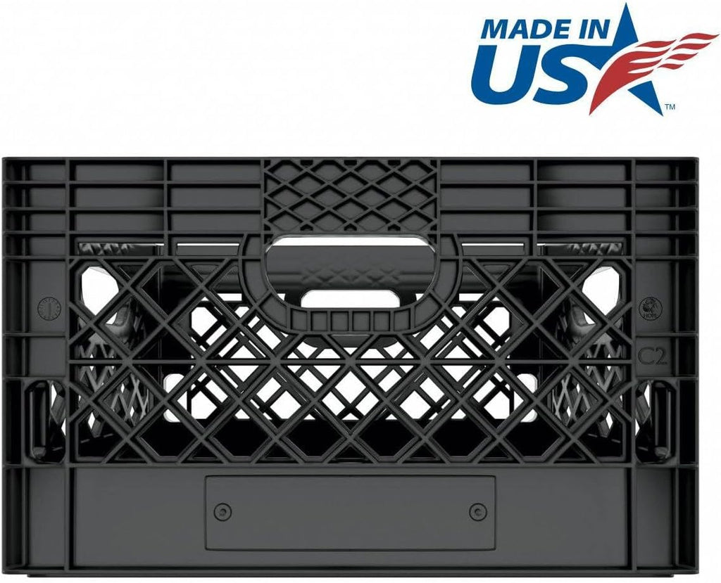 Heavy Duty Plastic Storage Milk Crates, Stackable Utility Organizer Bins, 19x11x13 Inches, 6 Pack, Made in USA, 24 Qt/6 Gallon Capacity (Black)