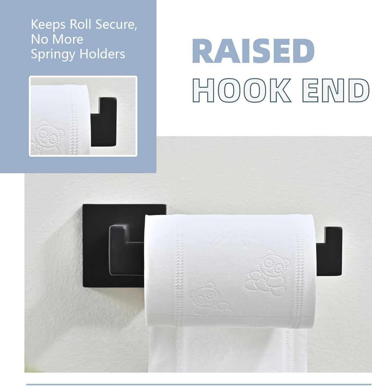 3PCS Bathroom Hardware Set, Matte Black Toilet Paper Holder, 2 Square Towel Robe Hooks, SUS 304 Stainless Steel, Wall Mounted, Modern, Rust‑Resistant (Black)