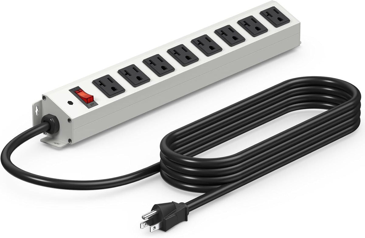 CCCEI Corner Mount Angle Power Strip, Under Cabinet Heavy Duty 8 Outlets Power Strip 20Amp, Metal Underneath Desk Plug Surge Protector, Wall Mountable, for Garage, Shop, Kitchen. 6FT Extension Cord.