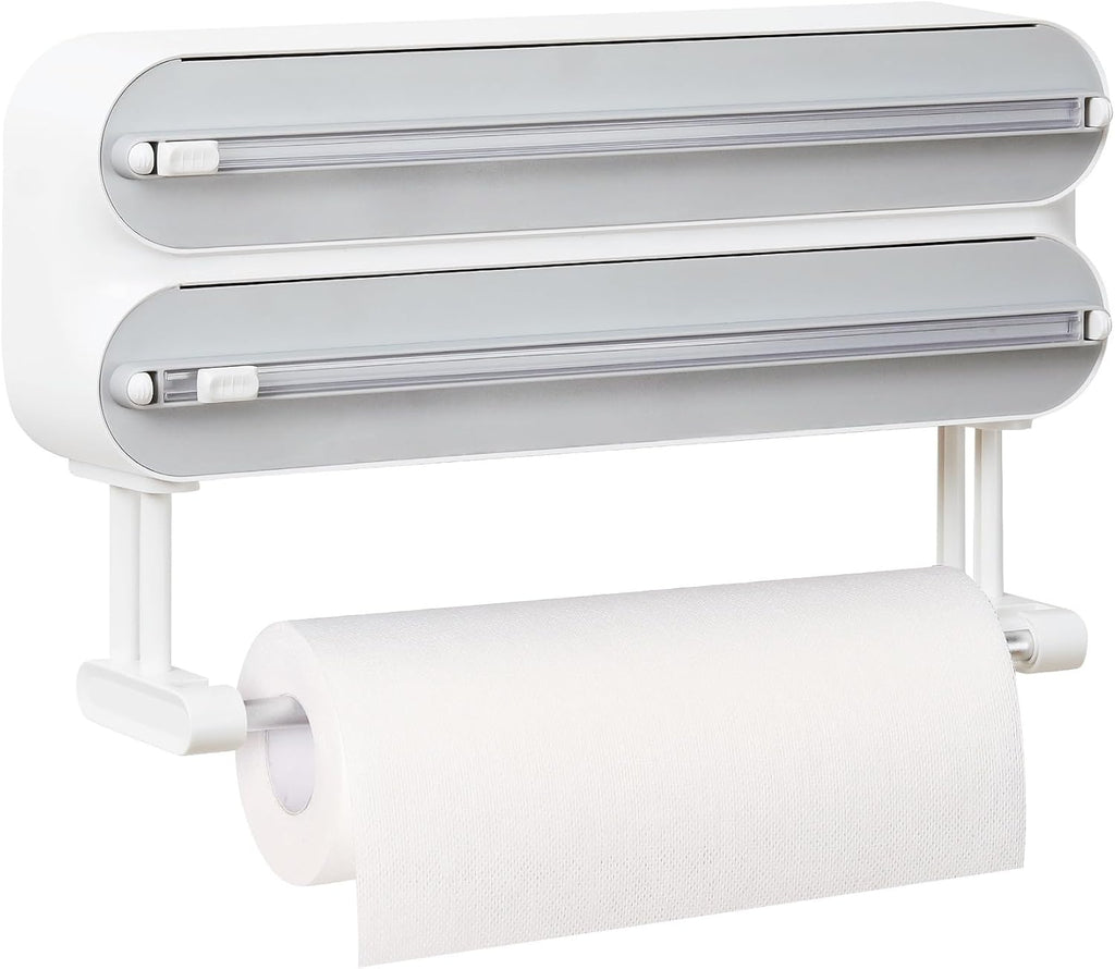 Magnetic Plastic Wrap Dispenser with Cutter - Refillable Aluminum Tin Foil and Plastic Wrap Organizer for Kitchen, Quasziwa Upgraded 3 in 1 Paper Towel Holder Wall Mount - Fits 12" Roll, White