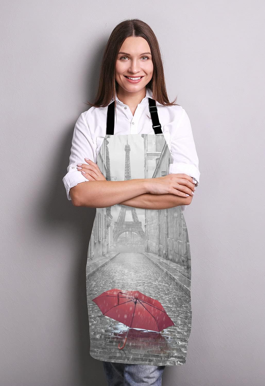 Paris France Apron, Red Umbrella in Rain Eiffel Tower Unisex Kitchen Bib with Adjustable Neck for Cooking Gardening,Adult Size