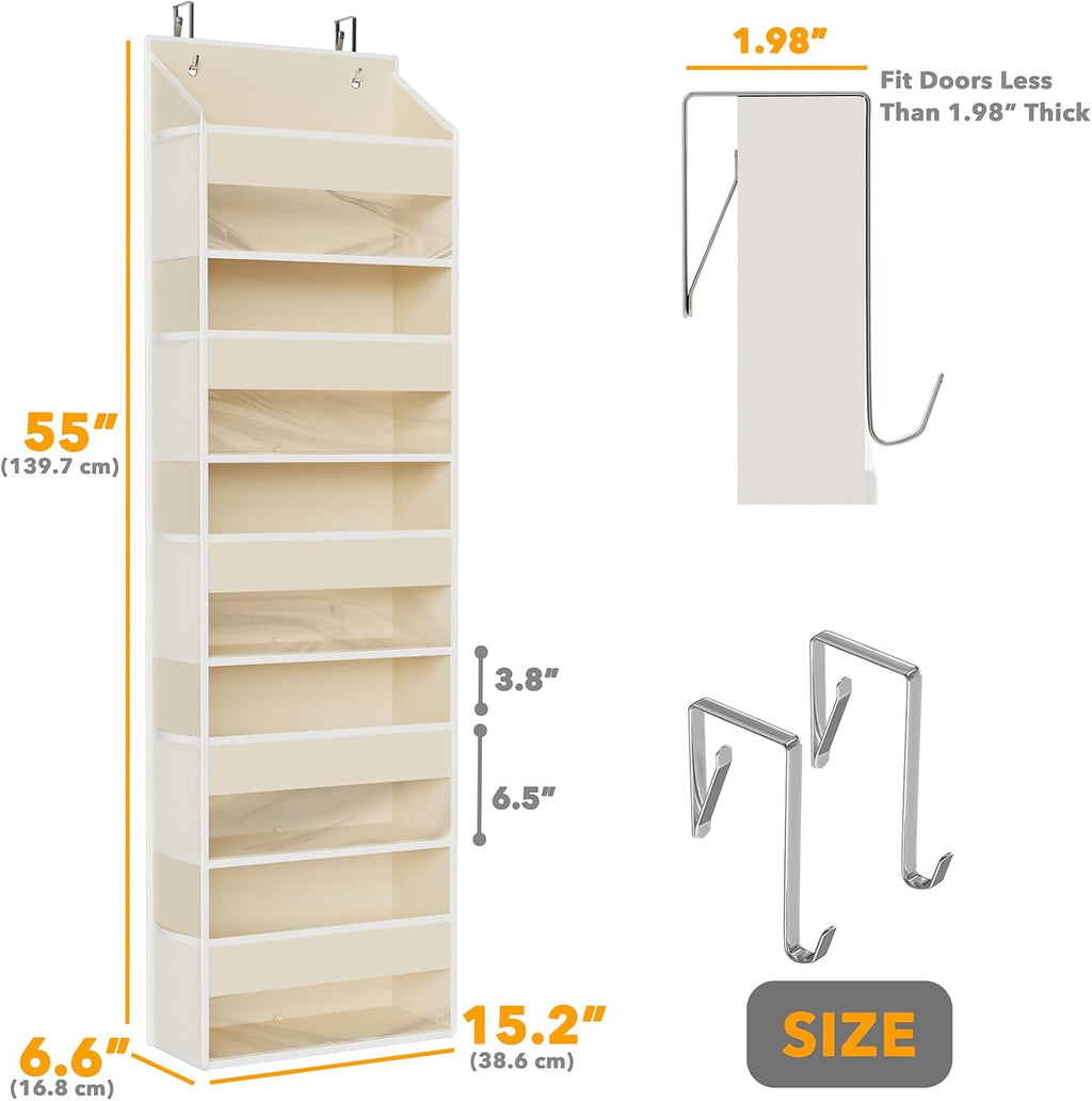 SpaceAid 2 Pack Over The Door Organizer with 5 Large Pockets and 10 Mesh Side Pockets, 5 Layers Door Organizer Hanging with Clear Window for Bedroom, Bathroom, Pantry and Nursery, Beige