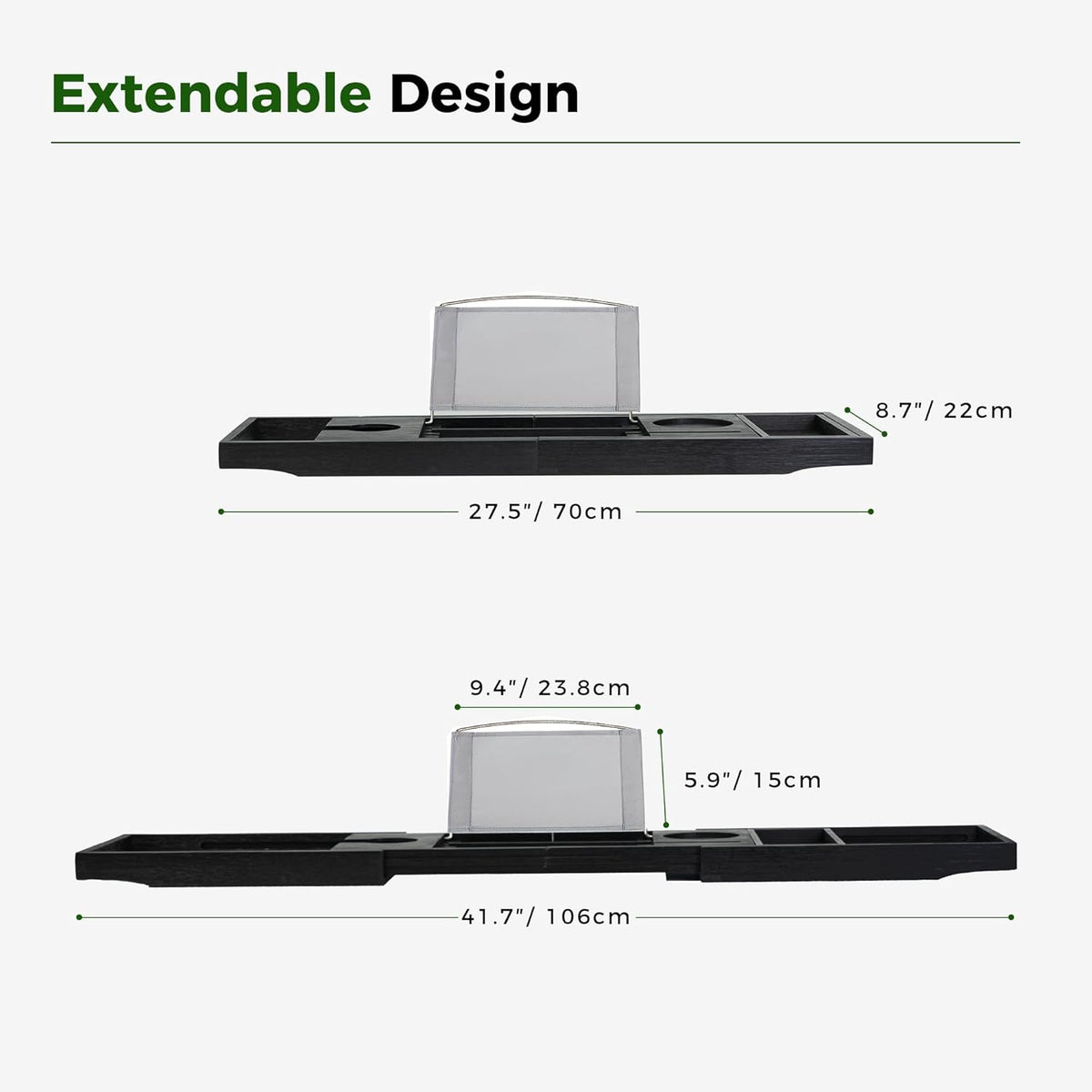 Utoplike Bamboo Bathtub Tray Caddy, Black Bath Tray Table for Tub, Adjustable Bathroom Organizer with Book Tablet Wine Glass Cup Towel Holder