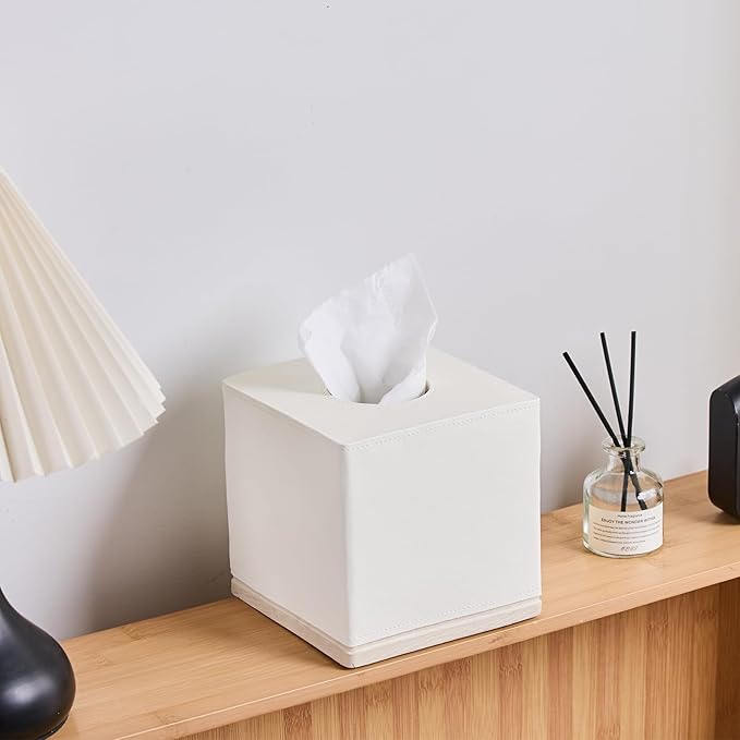 Tissue Box Cover Square Resin Tissue Holder for Home Decor,Hand Carved Beige Leather Cube Tissue Box Holder – 5.5 Inch Heavy Duty Luxury Tissue Box Case for Bathroom, Living Room, Office