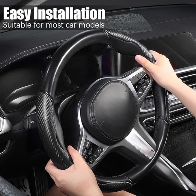Pincuttee Carbon Fiber Steering Wheel Cover - 3PC Universal Non Slip Steering Wheel Protector, Matte Black