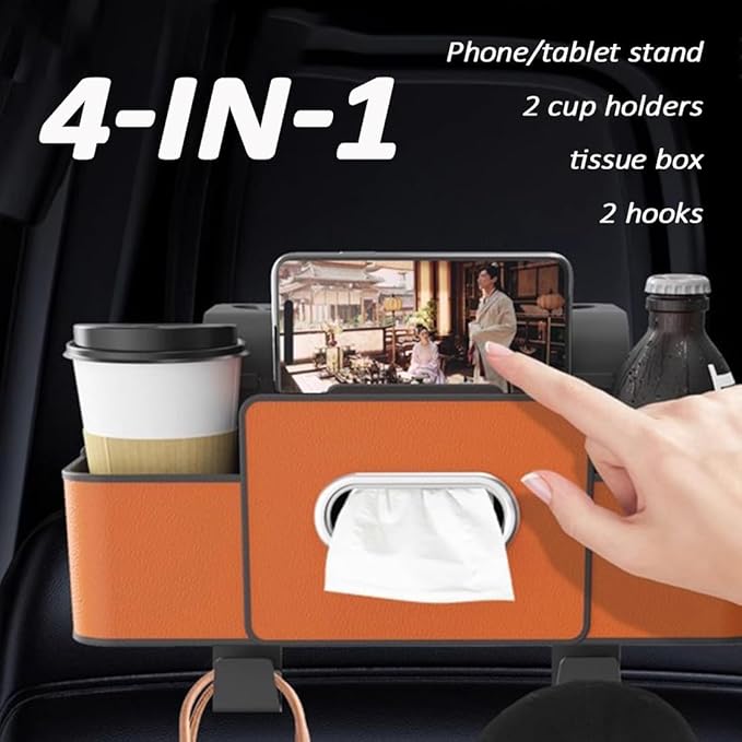 Upgraded Car Organizers and Storage Box, Multifunctional Headrest Backseat Organizer with 2 Cup Holders, Tissue Box and Hooks, Smart Over-Seat Car Organizer for Most Vehicles