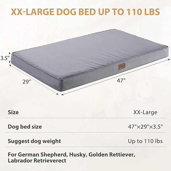 BFPETHOME Outdoor Dog Beds for Large Dogs, Waterproof Dog Bed for Medium, Large, Extra Large Dogs, Orthopedic Pet Bed with Removable Washable Cover, Egg Crate Foam Pet Bed Mat. (47 x 29 in, Grey)