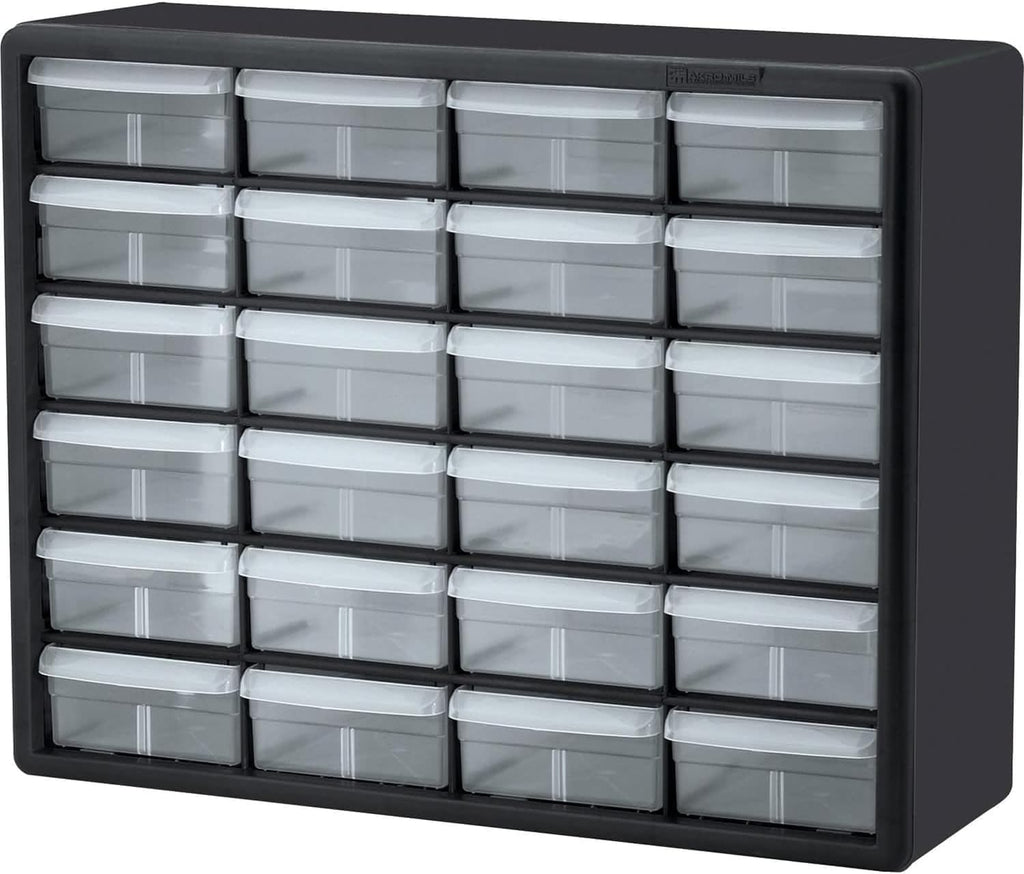 Akro-Mils 24-Drawer Plastic Drawer Storage Cabinet for Garage Organization, Bead Organizer, Building Bricks Storage, Teacher Toolbox, Makeup Organizer, 20" W x 6" D x 16" H, 10124 Black